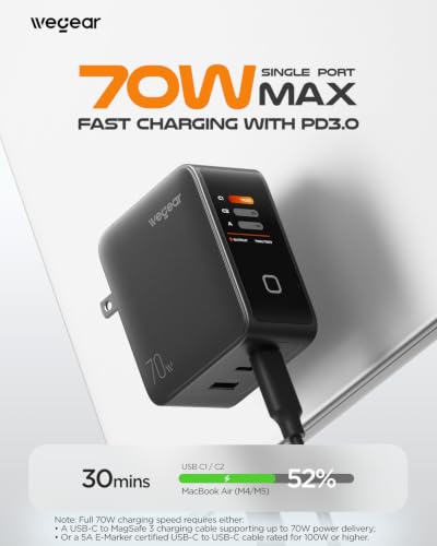 wegear 70W GaN USB C Charger Block with Smart Display & Touch Control, 3-Port PD3.0 Fast Wall Charger, Foldable Plug Power Adapter for MacBook Air/Pro, iPhone 17/16, iPad, Galaxy S25/S24 - Image 3
