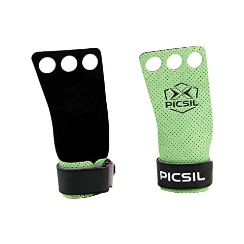PICSIL Azor Grips, Workout Grips with Increased Magnesium Retention, Light and Resistant Unisex Hand Grips for Weightlifting and Gymnastics, Blocks Rips and Blisters, 3 Holes, Green, Large Cover