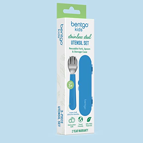 Image of Bentgo Kids Stainless Steel Utensil Set - Reusable Fork, Spoon & Storage Case - High-Grade BPA-Free Stainless Steel, Easy-Grip Handles, Dishwasher Safe for School Lunch, Travel & Outdoors (Blue)