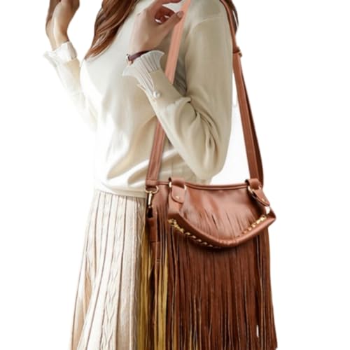 Image of IAMUHI Casual Rivets Fringed Shoulder Handbag for Women,Soft Vegan Leather Hippie Crossbody Purse Bag Hobo Bag