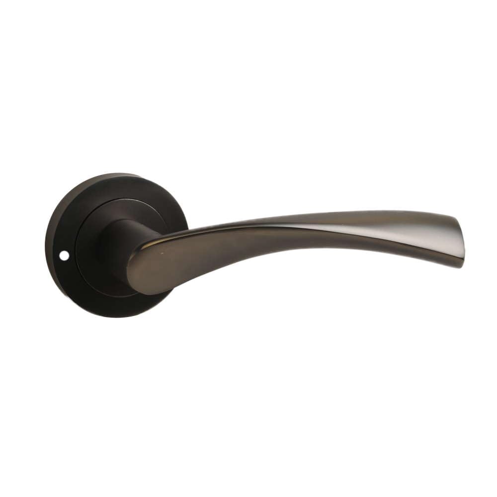 Onyx Twirl Push Button Privacy Lever on Rose Door Handle in Gunmetal