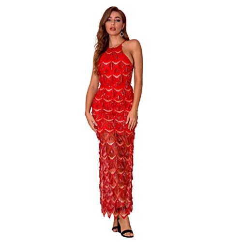 Preisvergleich Produktbild LGQ Damen Abendkleid Polyester Spaghettiträger Pailletten Quaste Rückenfrei Ärmelloses Brautjungfernkleid Für Hochzeit Cocktail Maxi Party Kleider,Rot,L