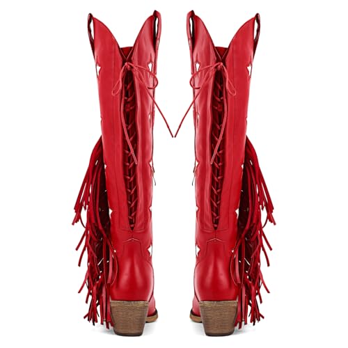 Image of richealnini Western Thigh High Cowboy Boots with Fringe Over Knee Wide Calf Cowgirl Boots