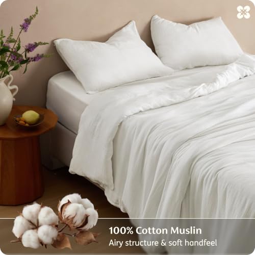 Image of Bedsure 100% Muslin Cotton Duvet Cover King Size - Ultra-Soft Gauze Duvet Cover, PureWoven Breathable & Lightweight Bedding Set with Button Closure and Corner Ties (White, King, 104 inchx90 inch)