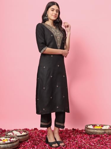 Image of VredeVogel Women's Cotton Blend Kurta Pant Set with Chanderi Silk Embroidery Dupatta