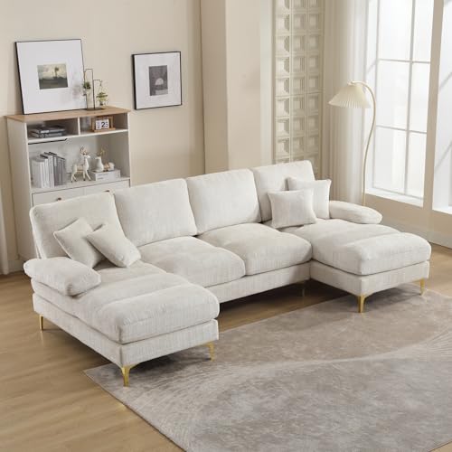 Sapgaks Grand canapé d'angle Moderne en U,avec Fauteuil inclinable Double,canapé 4 Places en Chenille,Canapé de Salon(Beige)