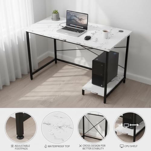 Image of RIZIK Store Folding Study Table | 36 inchx24 inch Computer Desk with Laminated Top & Metal Frame | Home Office, Bedroom, Study & Kids Room Warranty Protected (Marble White)