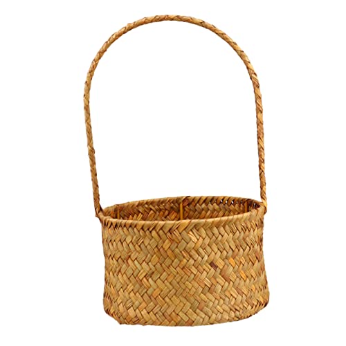 VOSAREA 1pc Orange Straw Woven Storage Basket Handle Knitted Flower Container for Planting Stylish Home Decoration for Room and Office Use