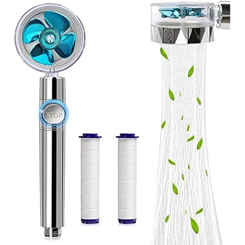 Dasfie High Pressure Water Saving Shower Head, 360 Degrees Rotating Propeller Driven Handheld Shower Head with Filter, Water Saving Shower Head with Fan & On/Off (Blue) Cover