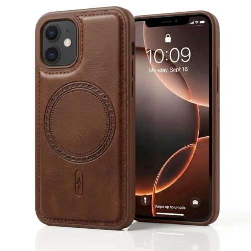 Image of amazon basics Premium PU Leather Case for iPhone 12, MagSafe Compatible Magnetic Ring, Sleek Protective Back Cover - [Brown]