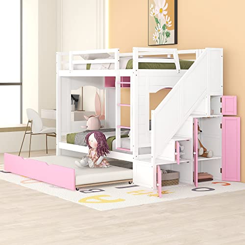 Twin Over Twin Bunk Bed with Stairs and Trundle Wood Bunk Bed with Storage...