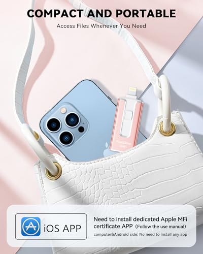 Image of MFi Certified Flash Drive for iPhone iPad 256GB, Photo Stick for External Memory Storage, USB Memory Stick Thumb Drive for iPhone /iPad /Android /PC (Pink)