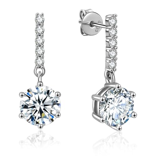 Moissanite Dangle Earrings for Women, 2-4CT S925 Sterling Silver D Color Moissanite Gem Drop Stud Earrings, Certificate Jewelry Gift for Her Birthday Wedding (White Gold, 2CT)