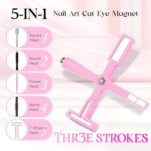 Image of THR3E STROKES 5 in 1 Magnet for Cat Eye Gel Nail Polish, Multifunctional Magnetic Nail Tool, Upgraded Cross Cat Eye Magnet for Nail Designs 3D Cateye Nail Gel Strong Nail Art Magnet Home Salon (PINK)