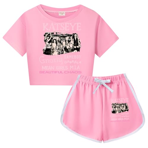 Image of Minhuaha KATSEYE Kids T-Shirt and Shorts 2 Piece Outfit Tracksuit for Girls (Pink,5-6 Years)