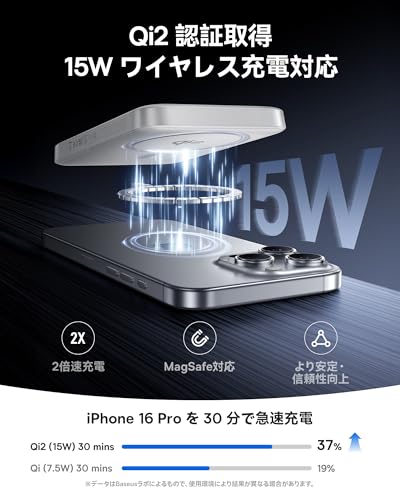 Baseus Qi2認証 15Wワイヤレス充電 モバイルバッテリー magsafe 対応 マグネット式 10000mAh PD 22.5W 急速充電 ワイヤレス TypeC 出力 iPhone 17/16/15/14/13/12シリーズ対応 有線充電対応 qi 2 公式認証 PSE認証済み EnerFill FM12 (ホワイト)