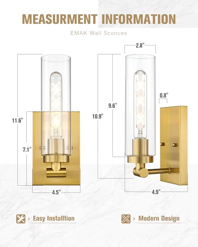 Image of Emak Wall Sconces Set of Two, Modern Brushed Gold Sconce with Clear Glass Shade, Bathroom Lighting Fixtures for Mirror, Living Room, Bedroom, Gallery, WS086-BGD-CG-2PK