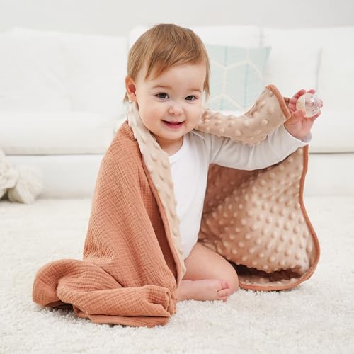 Image of Susurration Baby Blanket for Unisex Boys Girls, 2 Pack Soft Fluffy Crib Blankets with Muslin Cotton Front and Dotted Fleece Back, Receiving Blanket for Baby Newborn Infant, 30x40in, Beige Sun&Brown