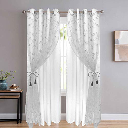 Dashing Fabrics Polyester Door Semi Sheer Curtains, White, Floral, Pack Of 2(7 Feet, White Embroidery + White Blackout)