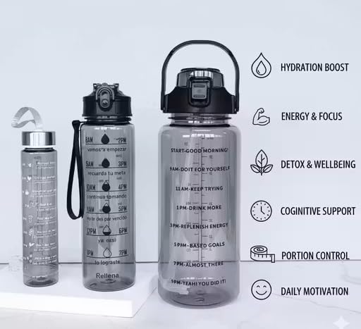 Image of EKAN 3 in 1 Motivational Water Bottles Set 2000 ml, 900 ml, 300 ml Large Capacity Sipper Bottles for School, Office, Home and Gym Use Leak-proof BPA-Free Water Bottles (Black)