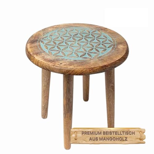 LivuX Mesa auxiliar redonda flor de la vida - Impresión azul 30 × 30 × 31 cm - Madera maciza de mango - Decoración espiritual para cristales, meditación y rituales