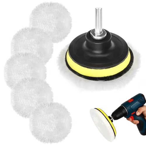 Almohadilla de Pulido de Lana, Pulir Coche con Disco Autoadhesivo, Lana para Pulir Coche Kit con Adaptador de Broca M10 para el Coche Encerado Lijado (80mm,7PCS)