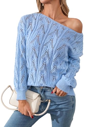 Image of Libsorge Womens Cute Sexy Off The Shoulder Crochet Knit Sweater Fall Winter 2025 Trendy Lightweight Boat Neck Pullover Top