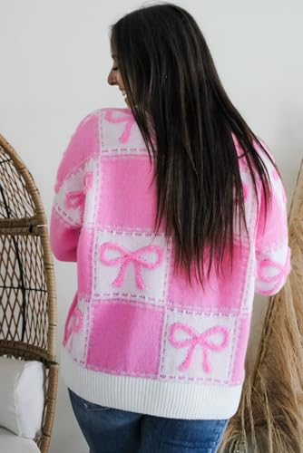 Women's Pink Bow Knot Two Tone Checkered Crew Neck Sweater - Chic Winter Style3