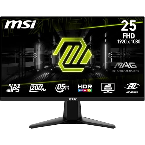 MSI MAG 255F E20 24.5-Inch FHD 1920x1080 Gaming Monitor, 200Hz, 0.5ms, HDR Ready, AMD FreeSync Premium, Eye Care, AI Vision, HDMI 2.0b, DP 1.2a, Frame-Less, Tilt Adjustable, Vesa Mount, Black