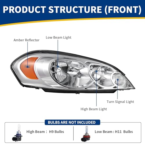 AUTOSAVER88 Headlight Assembly Compatible with 2006 2007 2008 2009 2010 2011 2012 2013 Chevy Impala 2014-2016 Impala Limited 06-07 Monte Carlo Headlamp Replacement Pair Chrome Housing Amber Reflector by AUTOSAVER88 - Image 2