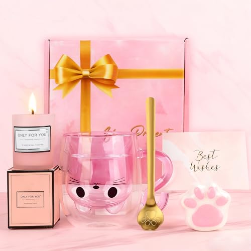 TOSZOLY Presentes para mulher, caneca de gato de parede dupla bonita, presentes originais para mulher, caneca de café de vidro engraçada, ideia de aniversário dia dos namorados carnaval para amigos