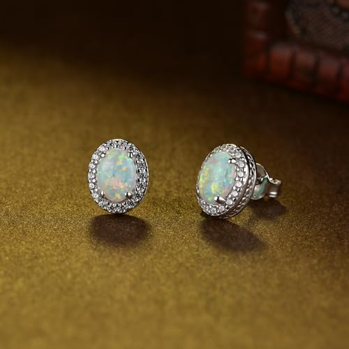 FANCIME Sterling Silver Oval Opal Ruby Necklace & White Opal Stud Earrings - October Birthstone Fine Jewelry for Women3