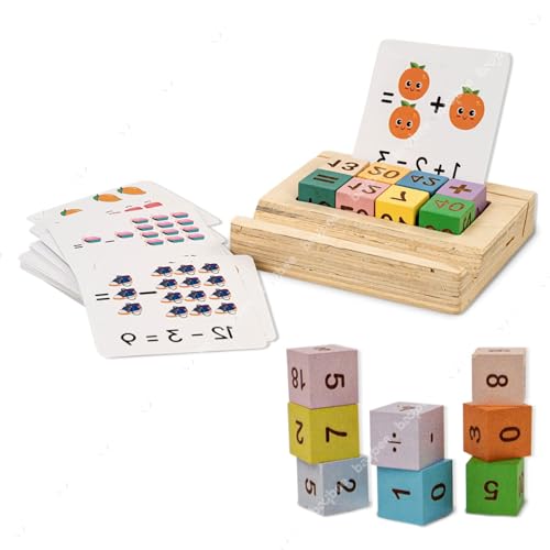 Image of Baybee Wooden Math Learning Puzzle for Kids with 26 Double Sided Flash Cards, 8 Number Blocks & Wooden Stand | Educational Counting, Addition & Subtraction Game Toy for Boys Girls Age 3-8 Years