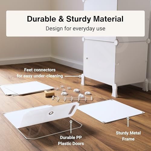 Image of BOXJOY 6 Shelf Shoe Rack with 3 White Doors, 5 Hook Steel Holder & Wooden Hammer, Home Storage PP Plastic Organizer with Metal Door Frame to Cover Chappal Slipper Sandals Shoes Box Stand (White)