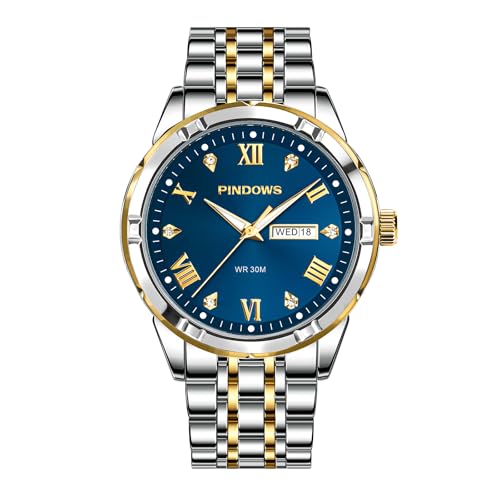 PINDOWS Reloj de pulsera para hombre, clásico, elegante, de cuarzo, con correa de acero inoxidable, día de la semana y fecha, resistente al agua hasta 3 ATM, 653n3: bicolor oro-plata/azul, Negocios