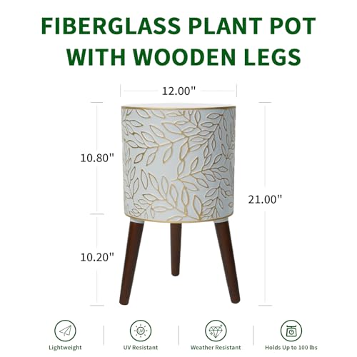 12inch Plant Pots with Wood Planter Holder Indoor Flower Pot with Gold Floral Embossed Modern Planters with Drainage Holes for Living Room, Office, Garden or Balcony