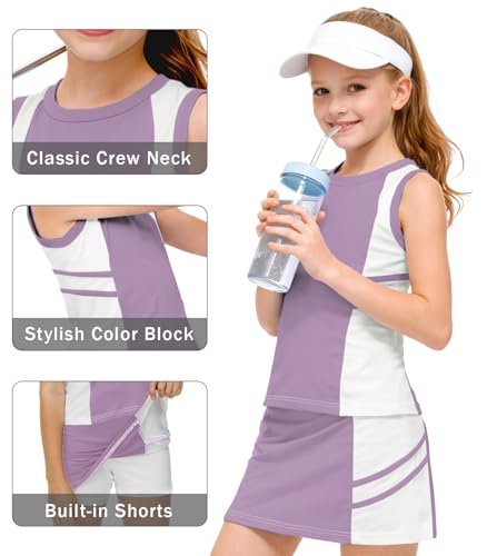 Image of AOBUTE Girls Tennis Golf Outfit Tank Top and Skirt with Shorts Set 4-12 Years