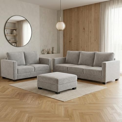 Image of FURNY Haster 3 Seater + 2 Seater Fabric Sofa Set with 1 Ottoman (Light Grey) with Velvet Finish | Durable Comfort | Ideal for Living Room