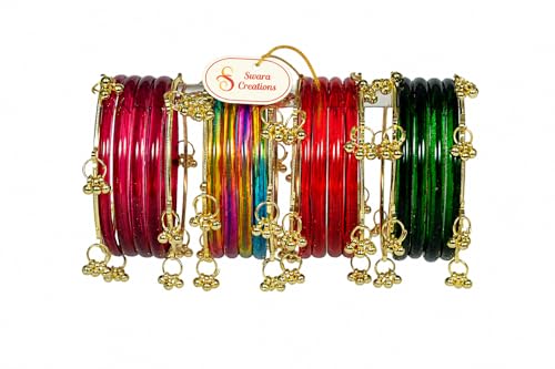 Image of Swara Creations Jelly Bangles for women| Glass Crystal Bangles with Kashmiri Ghungroo Chudi| Pink, Purple Red Green Multicolor Bangles for women |Size2.4, 2.6, 2.8