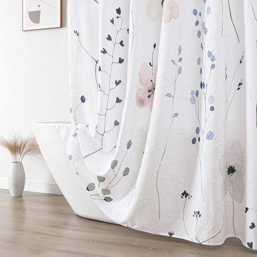 Image of QiyI Watercolor Floral Shower Curtain, 3D Embossed Butterflies Pink Blue Bathroom Curtain, Minimalist Farmhouse White Bath Curtain, Waterproof Fabric Flower Shower Curtain Set with Hooks, 72x72