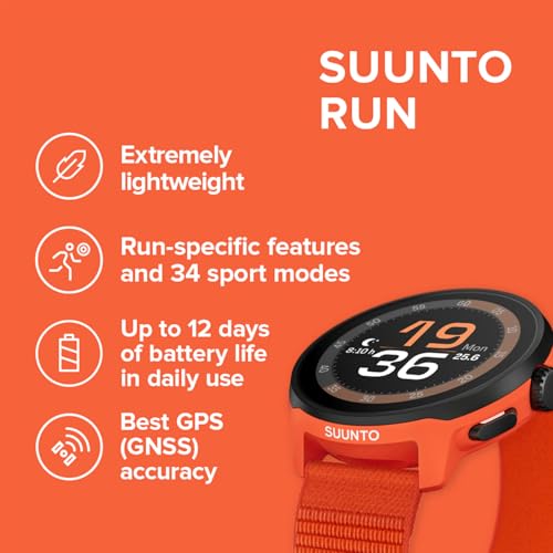Image of SUUNTO Run Sports Watch, 1.32 inch AMOLED Touchscreen w /Crown Button, 12D Battery Life, Dualband Accurate GPS, Wrist Heart-Rate & Sleep Health Tracking, 35g Lightweight & 4GB Offline Music, Coral Orange