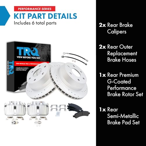Image of TRQ Performance Rear Brake Pad and Rotor Set Semi Metallic Slotted Drilled Coated Rotors Calipers Compatible with 2002 Chevrolet Avalanche 1500 Suburban 1500 Tahoe GMC Yukon Yukon XL 1500