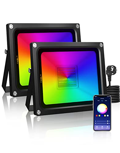 Projecteurs LED RGB Exterieur, 50W Projecteur LED Couleur Contrôlé par un smartphone Bluetooth, Intelligente Spot LED de RGB avec fonction mémoire, IP65, Floodlight pour Terrasse, Noël (2PCS) Cover