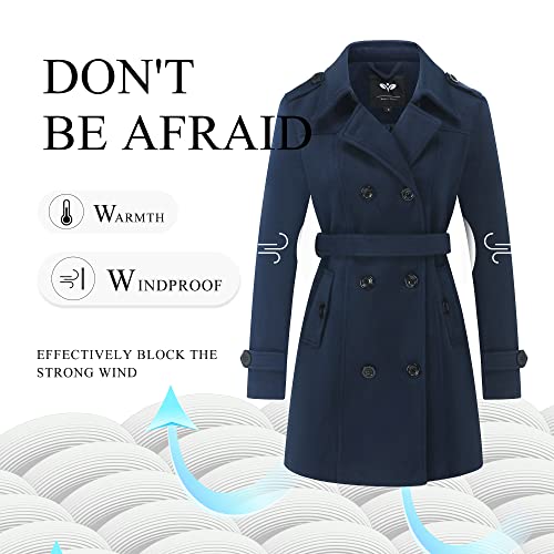 Ggleaf Women's Double Breasted Pea Coat Slim Winter Mid-Long Trench Coat With Long Belt Navy Small #TOP2