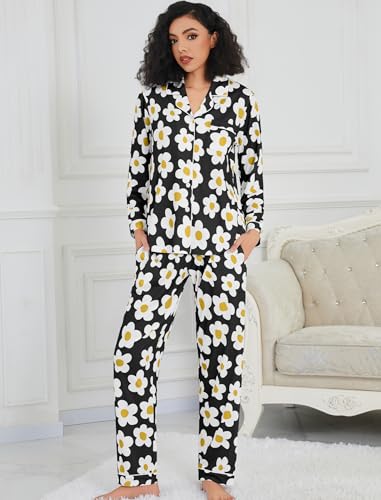 Image of SWOMOG Womens Pajamas Set Long Sleeve Sleepwear Button Down Nightwear Soft Cotton Pj Lounge Sets