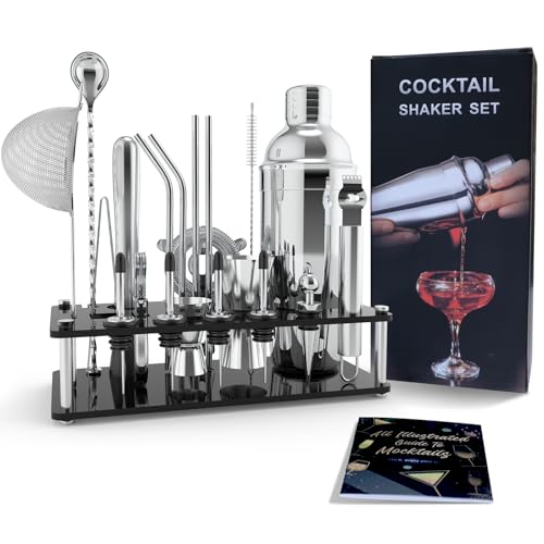BAKPOCO Cocktail Shaker Set with Stand, 22-Piece Bartender Kit with 17 Recipe, Stainless Steel Bar...
