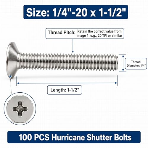Image of Blulu 100 Pcs 1 /4 inch-20 x 1-1 /2 inch Hurricane Shutter Fasteners, 304 Stainless Steel Sidewalk Bolts, Truss Head Machine Screws for Exterior Window Panels and Doors Hardware Sliver