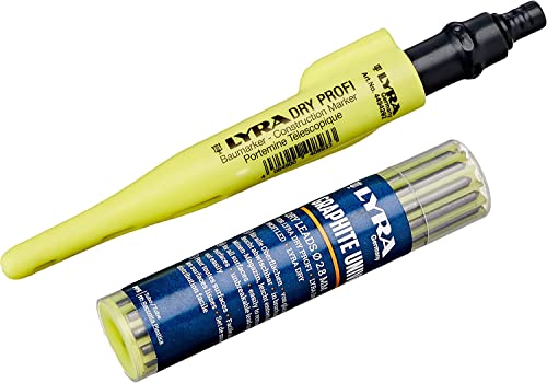 Lyra L4498103, LYRA DRY - Matita per edilizia professionale, con temperamatite e clip, 12 mine universali in grafite da 2B, per tutte le superfici, in blister