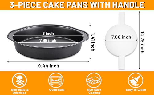 Gymdin 8 Inch Cake Pan - 3PCS Carbon Steel Round Cake Pans with 100 Pieces Parchment Paper, Non-stick & Easy Demolding, Non-toxic & Healthy