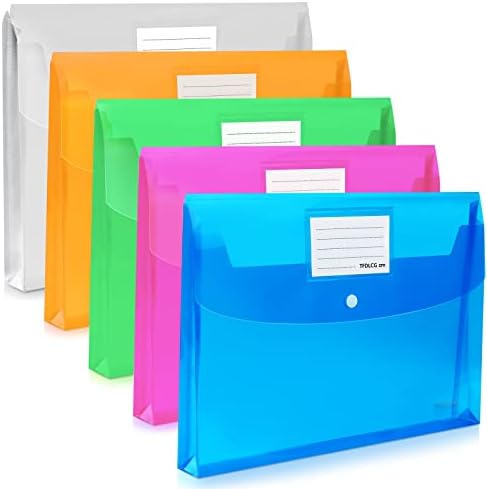 5 Pack Large-Capacity Colored Transparent Document Folders/TFDLCG zm Plastic Envelope with snap Closure/Poly Envelopes,A4 Letter Size(13"×9.5") for School Home Office,Assorted Colors